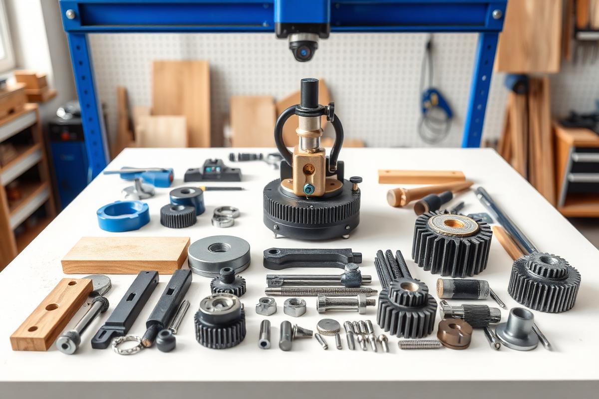 Original SCM machine spare parts arranged on a workbench